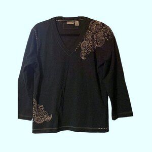 Chico (2) Large ~ knit top w/ embroidery ~ very dark navy